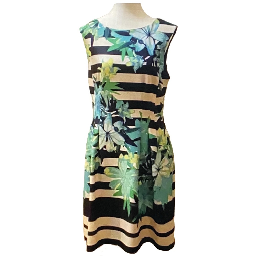 NWOT VINCE CAMUTO Tropical Aloha Striped Blue Green Dress Resortwear Vacation 14